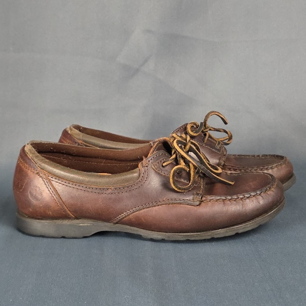 Vintage Timberland Boat Shoes Brown Waterproof Leather Size 7M 90's Y2K Made USA